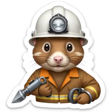 a mole rat with ore drill bit, white helmet, headlamp sticker