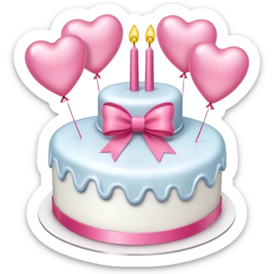 white heart shaped birthday cake with pink bow, pink balloons in background  sticker