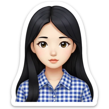 Beautiful girl,Black hair,long hair,Black eyes,Korean, check pattern shirts sticker