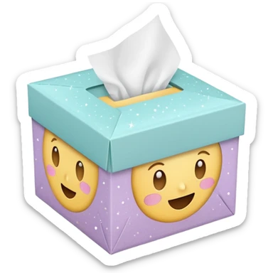 Cute emoji-style illustration of a small aesthetic packaging box with tissue paper and sparkles, pastel neutral tones, minimal design, clean background. sticker
