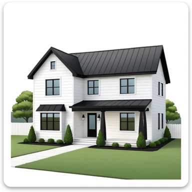 modern farmhouse with white siding, black roof and black trim, exterior view, 3d sticker