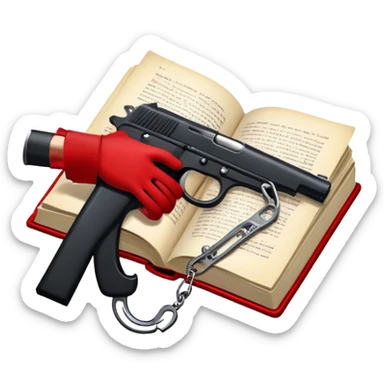 Icon for Action & Crime Reading: an open book with dramatic action scenes, surrounded by a gun, handcuffs, a badge, and a shadowy figure. The icon should evoke suspense, danger, and intrigue of crime and action stories. Transparent background. sticker