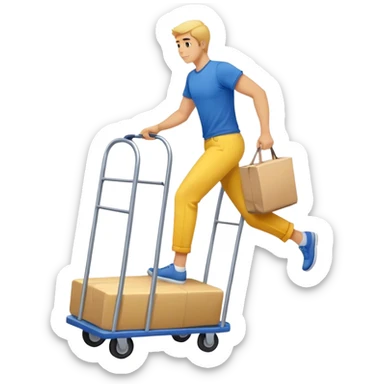 man in blue pants and yellow t-shirt, moving a sofa on trolly sticker