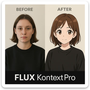 create before after image of a girl before is realsitic photo, after is anime version of her in same pose and clothes, add logo with text of a "FLUX Kontext Pro" sticker