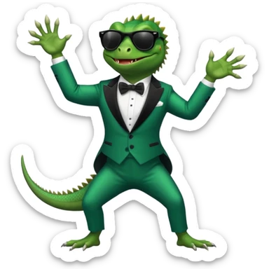 capitalist iguana in tuxedo with black sunglasses dancing sticker
