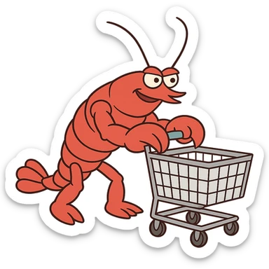 strong lobster pushing a shopping cart, transparent background sticker
