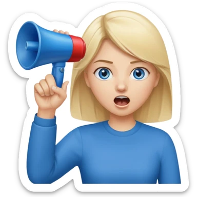 blue eyes blonde girl yelling into megaphone and holding up 1 finger in the other hand siling sticker