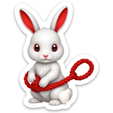 White realistic bunny with red rope tangled around sticker