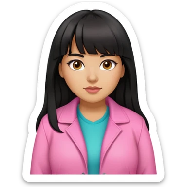 Latina female with bangs black long hair plus size with a pink jacket sticker