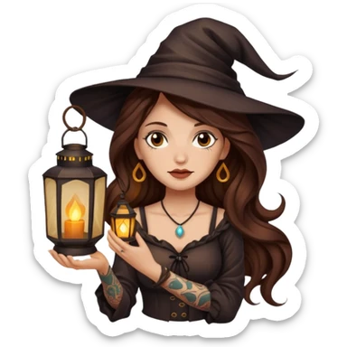 tired night witch woman long wavy brown hair tattoos holding lantern sticker