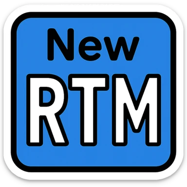 enclosed blue square icon with white letters 'New' at the top inside the box and larger white letters 'RTM' in the middle inside the box sticker