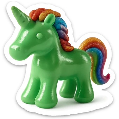 Add a shimmering rainbow mane and tail to the green unicorn-shaped candy, photorealistic style, keep the background transparent. sticker