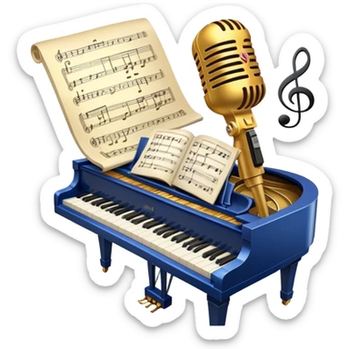 Create an elegant and refined emoji that represents classical or academic vocal performance. The design should feature a microphone, sheet music with musical notes, and a treble clef to symbolize the vocal artistry and music theory behind academic singing. Add subtle elements like a vocal warm-up chart or a grand piano to reflect the classical training. Use classic colors like gold, silver, and deep blue to emphasize sophistication and professionalism. The background should be transparent. sticker