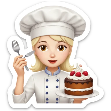 white skin girl with chef hat eating a cake sticker