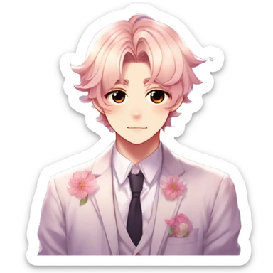 Gorgeous romantic hot attractive anime style formal modern gentlemanly anime shojo guy with pretty hair and flower petals and blushing face aesthetic trending style with colorful gradient colors  pastelcore cottagecore kawaiicore sticker