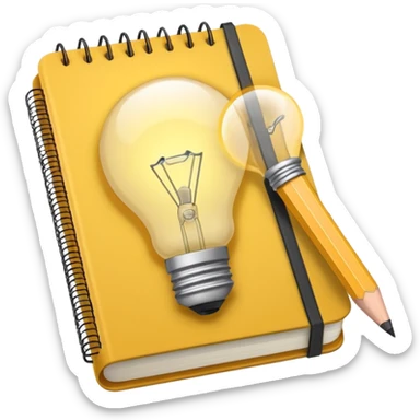 Emoji of a notebook with a pencil and a glowing lightbulb on the cover, iPhone emoji style. Flat design, smooth gradients, rounded edges, soft shadows, clean look, white background. sticker