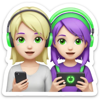 Make a blonde girl with green glowing headset on and a purple hair girl haveing fun , make them chibi emojis ,make them animated sticker