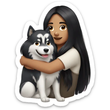 girl with long black hair hugging a husky sticker