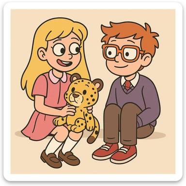 A Girl yellow hair Baby dresses pink school uniform white knee highs sock brown loafer girls shoes plushie Cheetah a boy orange glasses with shirt pjumper purple a pink red tie shoe sticker