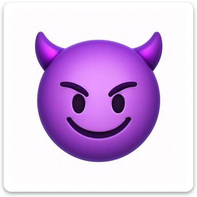 A mischievous purple devil emoji with a sly, confident smile and raised eyebrows, glowing purple horns, smooth gradient shading, minimalistic and glossy 3D cartoon style, white background, round face sticker
