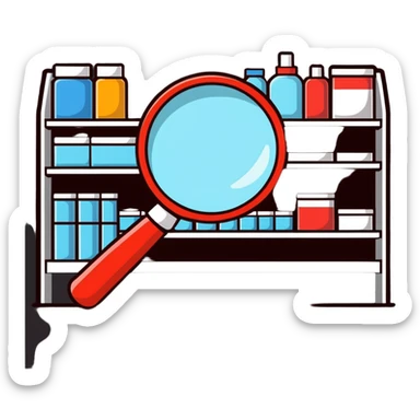 magnifying glass over empty product shelf searching sticker
