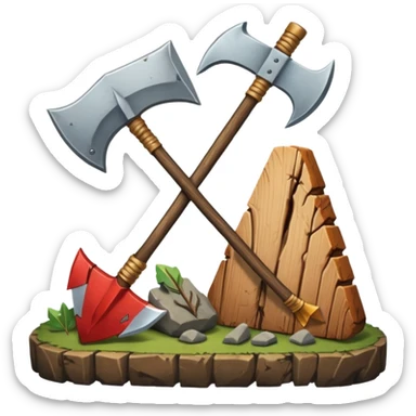 Deux éléments qui fusionnent : deux icônes (ex. bois + pierre) avec une flèche ou un “+” vers un 3ᵉ élément (ex. hache) → l’idée de merge sans limite. sticker