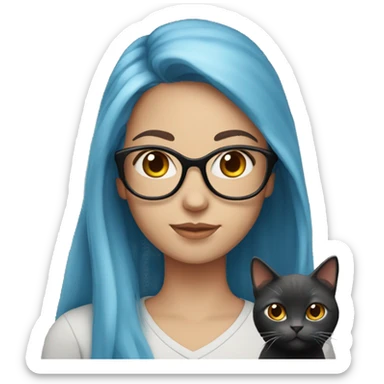 A girl with long red hair, with blue eyes, light skin, black glasses, holding an all grey cat  sticker