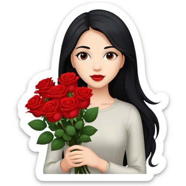 A beautiful girl with long black hair holding a bouquet of roses sticker