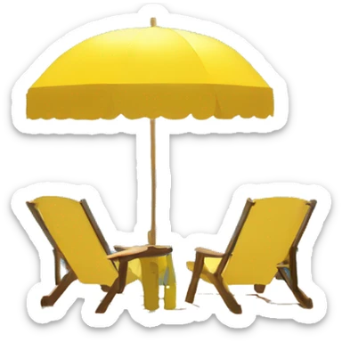 A yellow round pixel from the game Pacman is sunbathing in the sun by the sea under an umbrella sticker