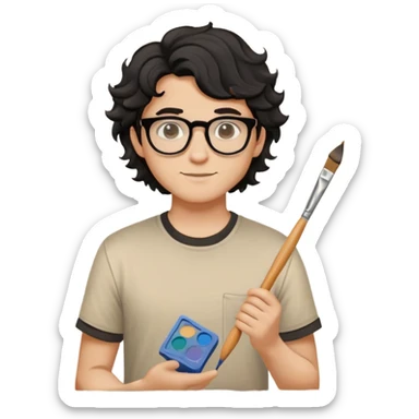 Young caucasian man with black wavy hair, round glasses, beige painting shirt, holding a square paintbrush sticker