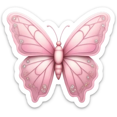 Butterfly Emoji "A graceful pastel pink butterfly with ornate, glowing wings decorated with intricate sparkling patterns and tiny heart shapes." sticker