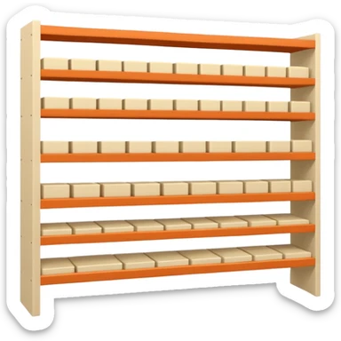 "Minimalist Japanese shelf display, products aligned identically in horizontal rows, each item repeated directly behind the other (multiple units in depth), vertically varied by type, clean spacing, precise symmetry, soft neutral lighting, front-facing packages, ultra-detailed." sticker