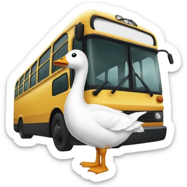 A goose standing next to a bus sticker