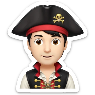 Captain Feathersword of The Wiggles with light skin, brown eyes, black hair, black pirate hat, white pirate shirt with red vest sticker