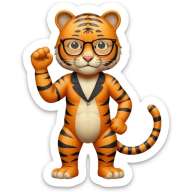 un tigre con gafas parado en dos patas con la mano en la derecha haciendo firme sticker