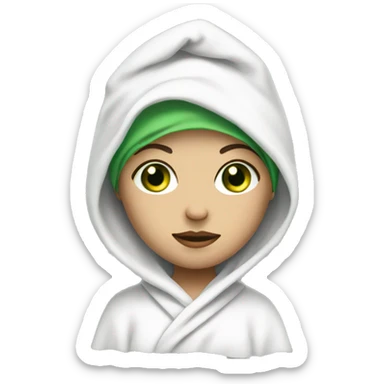 A girl with green eyes with a cloth mask on her face, wearing a white towel on her head and a white robe sticker