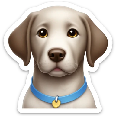 Chocolate labrador adorable little puppy with small white fur on chest and cute blue collar sticker