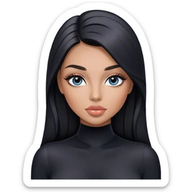 Glamours, tanned, very beautiful girl, with big pump peach-beige-rose lips, long long lashes, black straight smooth silky long hair, straight parting hair, blue-grey eyes in black long-sleeves bodysuit sticker