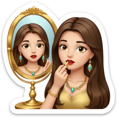 Girl with long brown hair, gold jewelry, and lashes, putting on lipgloss while looking in a mirror  sticker