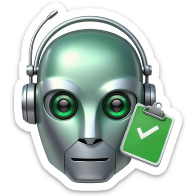 robot head with a green checklist sticker