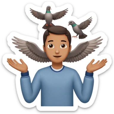 man open arms looking at a flying pigeon sticker
