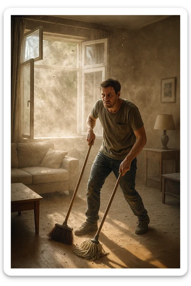 A realistic, cinematic image of a person cleaning a living room with a mop and broom, windows wide open letting in a strong gust of wind. Through the open windows, thick clouds of dust, pollen, and small debris visibly swirl into the room, floating in sunbeams that highlight the particles in the air. The person looks frustrated and tired, mid-action sweeping but clearly battling the incoming dust. Around the room, some furniture and surfaces already show a thin layer of dust settling. The scene is bathed in natural daylight with a slightly hazy atmosphere due to the airborne dust. The color palette uses warm, muted tones emphasizing the contrast between cleanliness efforts and the stubborn dirt and dust invading the space. The focus is on the tension between trying to clean and the unavoidable mess coming in from outside. sticker