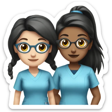 Two Best friend nurses in blue scrubs one girl has glasses with black hair in a pony tail and the other girl has dark brown hair sticker