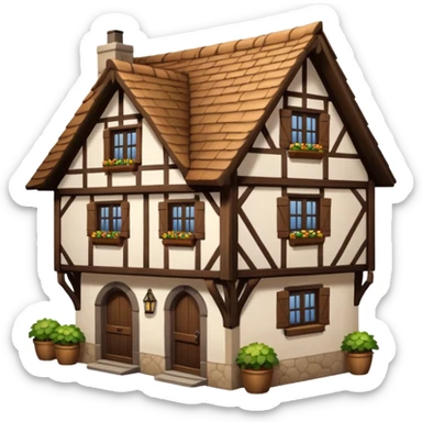 An old half-timbered village house with a tiled roof. The roof is dark brown. sticker