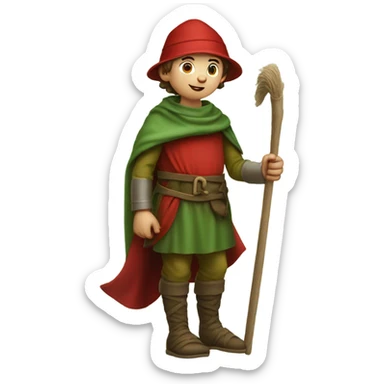 13th century European pilgrim boy with staff, red stockings, short green tunic and green hat, saying ok! sticker