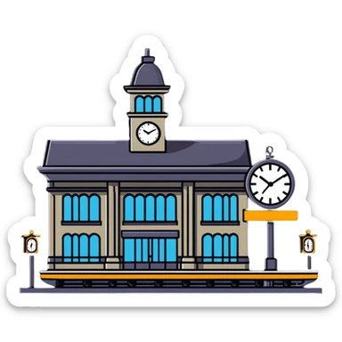 train station building with platforms and clock sticker