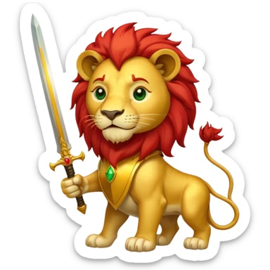 A lion with a sword and the sun on top of it and on the top green and bottom red sticker