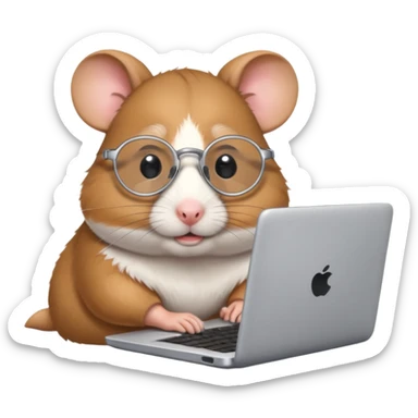 Silver-rimmed, bespectacled front hamster working on a laptop sticker