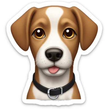 Small brown and white dog with short floppy ears and short snout and black collar sticker