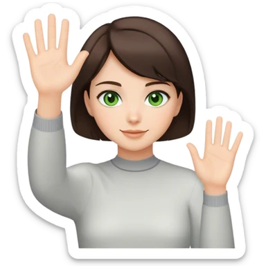 brunette girl with short hair and green eyes waving greeting sticker